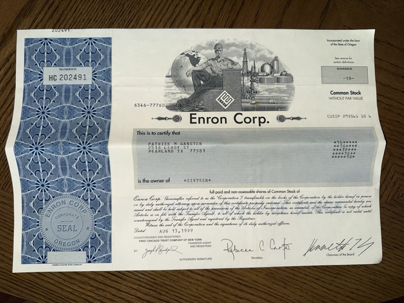 Enron Corp. Common Stock Certificate - 16 Shares - 1999
