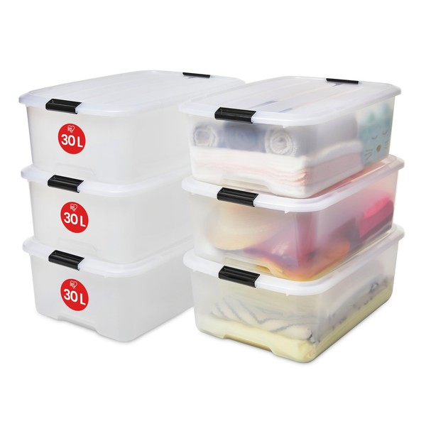 Iris Ohyama 30L Aufbewahrungsbox 6Er-Set Transparent Stapelbar Stark Plastik-image