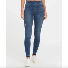 Spanx Distressed Ankle Skinny Jeans Medium Wash Raw Hem Slimming Size Small
