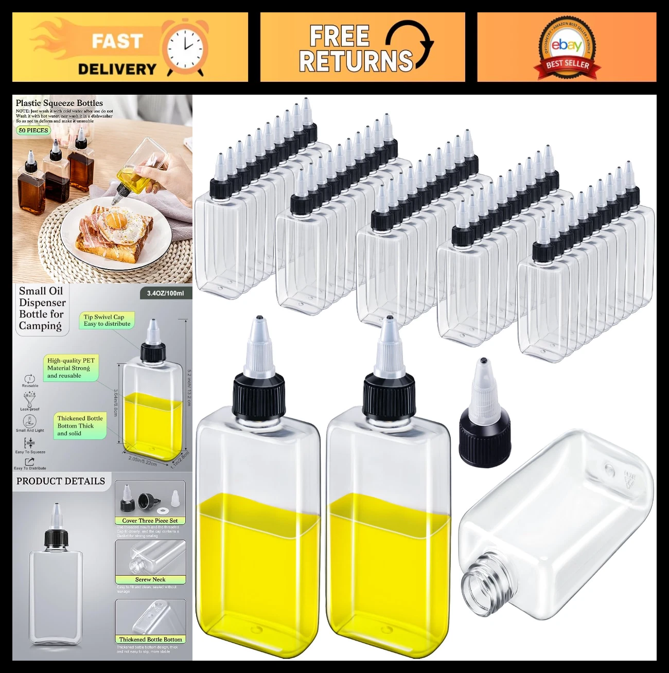 50 Pcs 3.4 oz Clear Squeeze Bottles with Twist Caps for Liquids, Travel, Kitchen