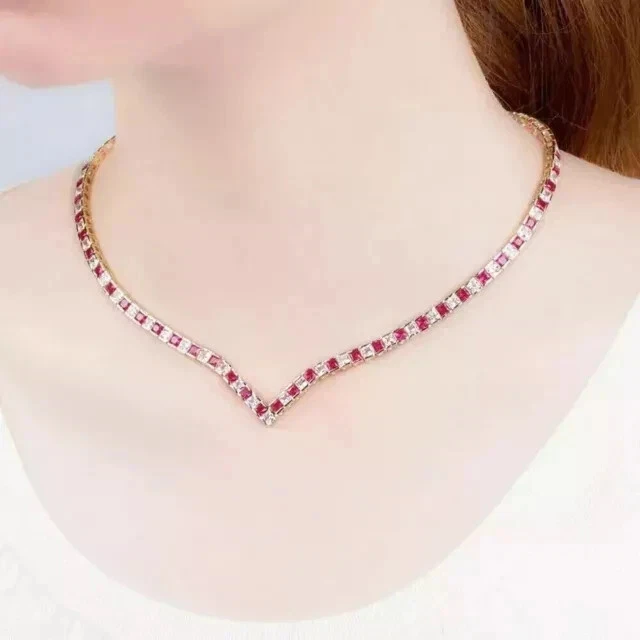 Wedding Tennis Necklace 14K White Gold Plated 18" Princess Lab Created Red Ruby - Image 3 of 3