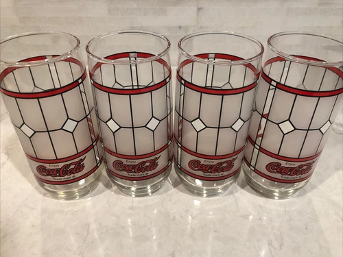 4 Coca Cola Vintage Tiffany Style Stained Frosted Glasses MCM