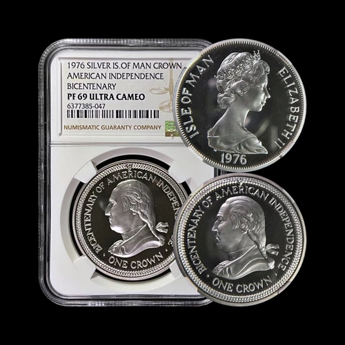 ISLE OF MAN. 1976, 1 Crown, Silver - NGC PF69 - Top Pop 🥇 USA Bicentennial