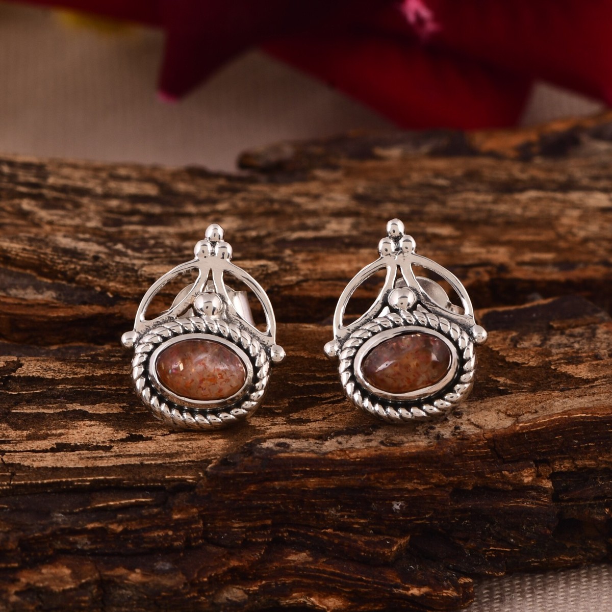 Sterling silver Boho Ethnic Earrings Sunstone Stud Earrings Bohemian  Earring
