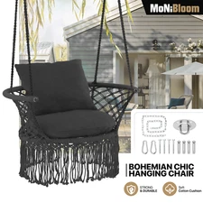 Black Macrame Hammock Chair Patio Hanging Cotton Rope Swing Tassel Cushion Seat