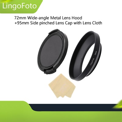 72mm Wide Angle Metal Lens Hood + 95mm Side pinched Lens Cap + Lens Cloth