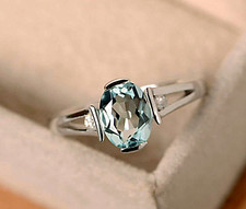 Aquamarine Crystal Ring,925 Sterling Silver ,Emerald Cut Oval Ring, Women Gift.