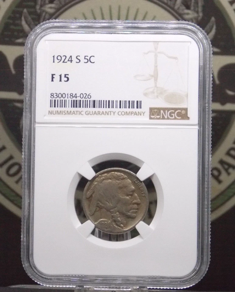 1924 "S" Indian Head BUFFALO Nickel 5c NGC F15 #026 Better Date ECC&C, Inc. - Image 3 of 4