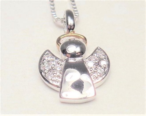 BEACH FASHION SILVER TONE RHODIUM GUARDIAN ANGEL WITH GOLD HALO PENDANT NECKLACE - Picture 5 of 7