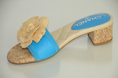 New Chanel Turquoise Blue Gold CC Cork Straw Flower Sandals Mules