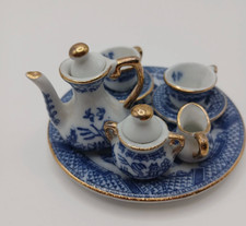 Blue Willow Miniature Porcelain Gold Rimmed Doll Tea Set Collectible 10 pcs