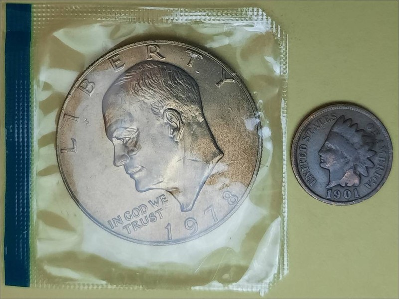 Lot of Two Coins- US Mint 1978P Eisenhower Dollar & 1901 Indian Head Penny