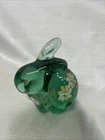 Fenton Green Glass Bunny Rabbit Hand Painted Flowers Signed S. Hopkins