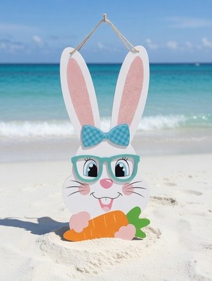 Easter Bunny Wood Hanging Sign with Glasses Bow Carrot Multicolor Decor Vertical