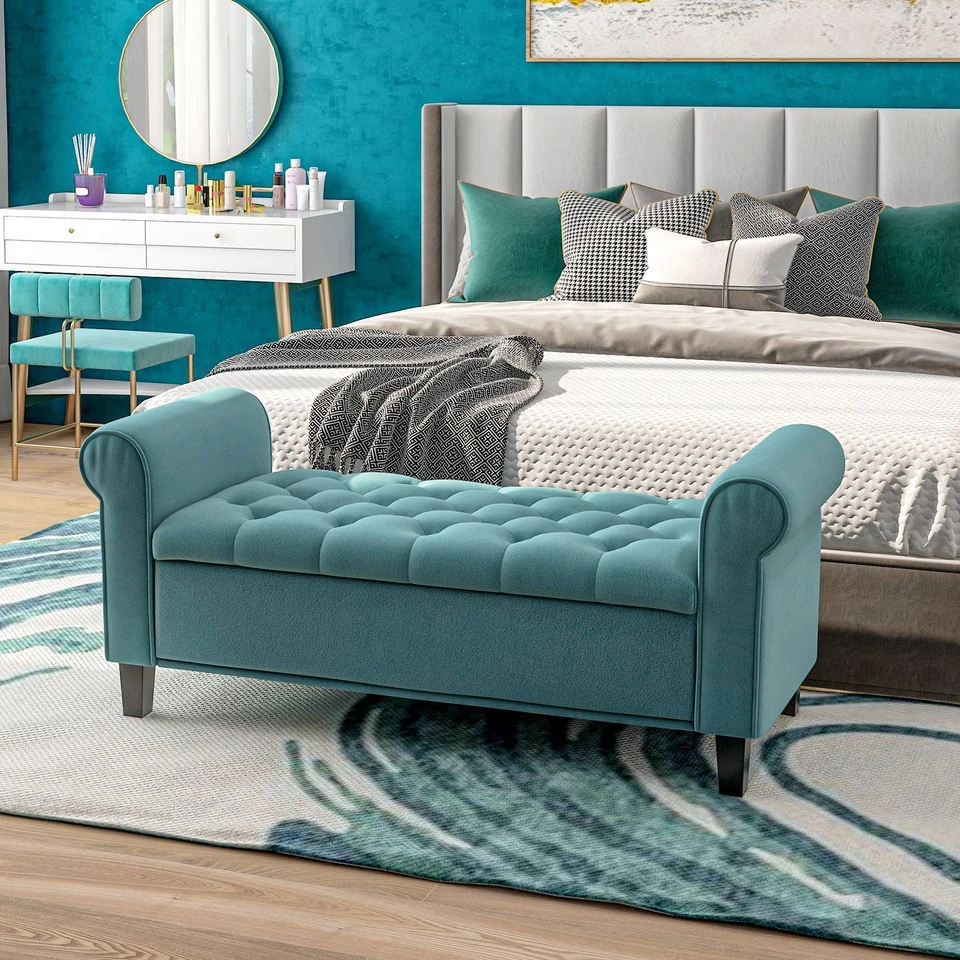 Polsterbank, Bettbank, Sitzbank in Samtoptik, Flurbank mit Stauraum, Grün - Bild 3 von 4