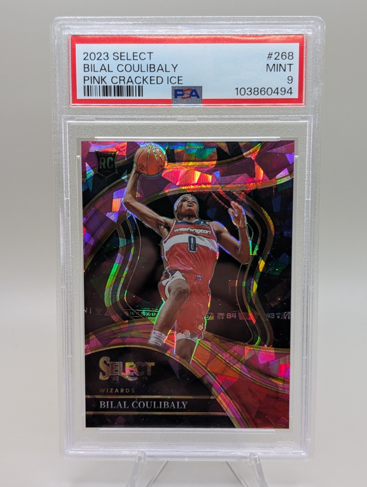 2023 Select Pink Cracked Ice Prizm /99 Bilal Coulibaly PSA 9 Rookie RC Courtside