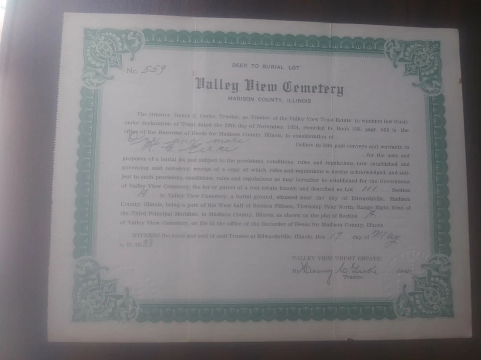 Deed To Burial Lot Plot Valley View Cemetery Madison County Illinois From 1938 - Image 2 of 4