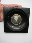 Early 19th c Miniature Portrait Painting Man Ebonized Wood Frame Convex Glass