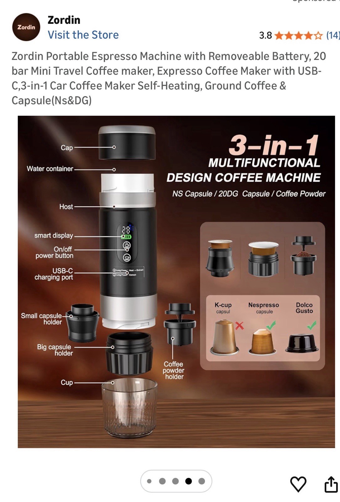 Zordin 3-IN-1 Portable Espresso Machine
