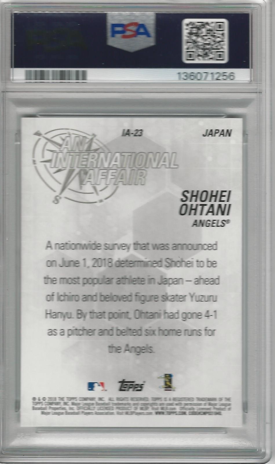 2018 TOPPS UPDATE AN INTERNATIONAL AFFAIR #IA-SO SHOHEI OHTANI RC PSA 8 view 2