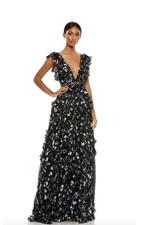 NWT Mac Duggal Floral Ruffle Maxi Gown Size 0 Deep V Embellished Waist $598