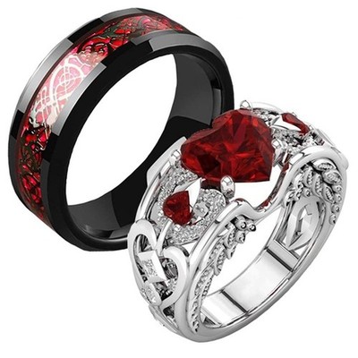 Forever Love Heart Shaped Ring Set for Her and Him Red Celtic Dragon Ring Mat...