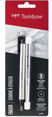 Lot of 2 Tombow Mono Zero Eraser Point Pen & 2 Refills #57315 Fine Round
