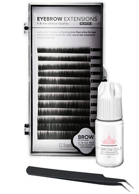 Eyebrow Extensions Kit, 1 x Tray, Black Eyebrow, Black Tweezer with Glue Clear