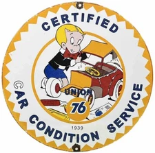 VINTAGE UNION 76 GASOLINE PORCELAIN SIGN GAS STATION PUMP PLATE MOTOR OIL AUTO