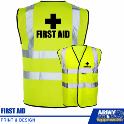 Yellow First Aid Hi Vis Vest Waistcoat Printed Work High Viz