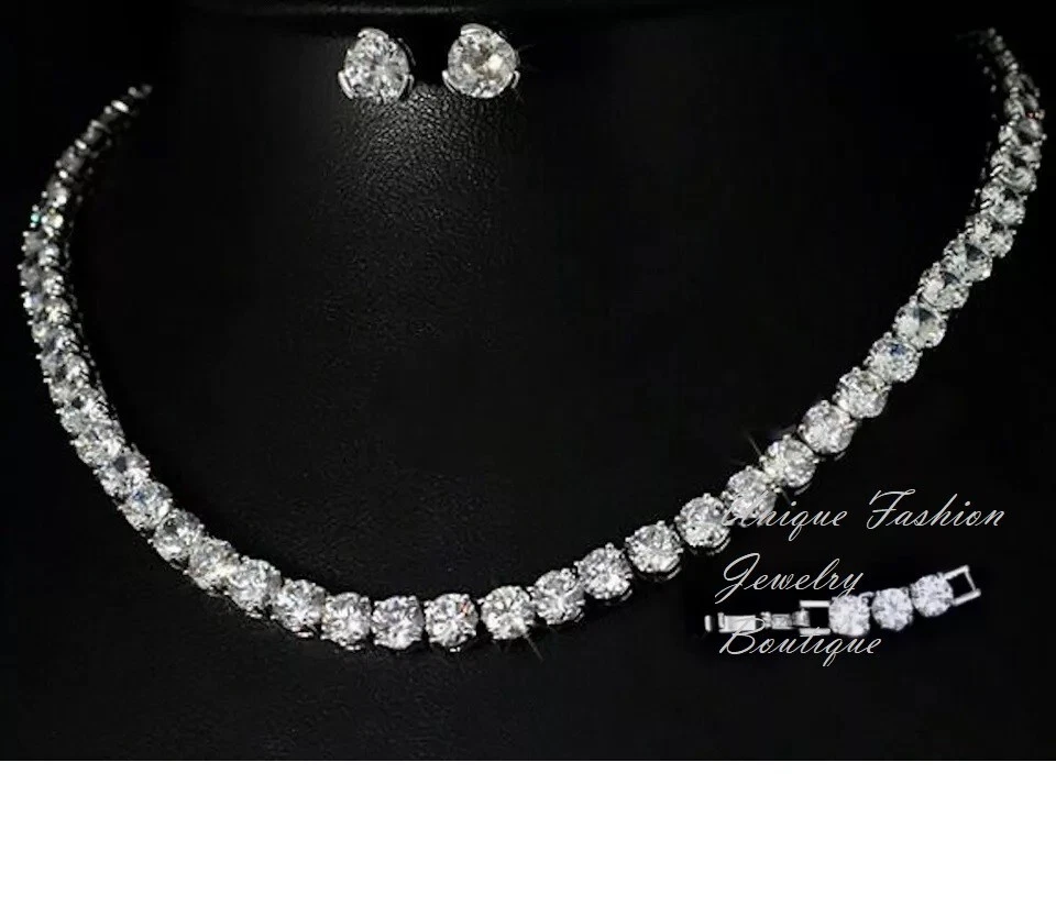 18k White Gold Plated Tennis Necklace Earrings Set made w Swarovski Crystal - Image 2 of 4