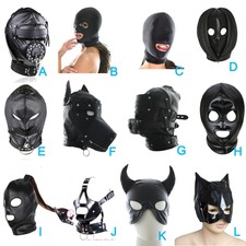 BDSM Black Pu Leather Head Bondage Hood Mask Open Eye Mouth with Zipper Couple