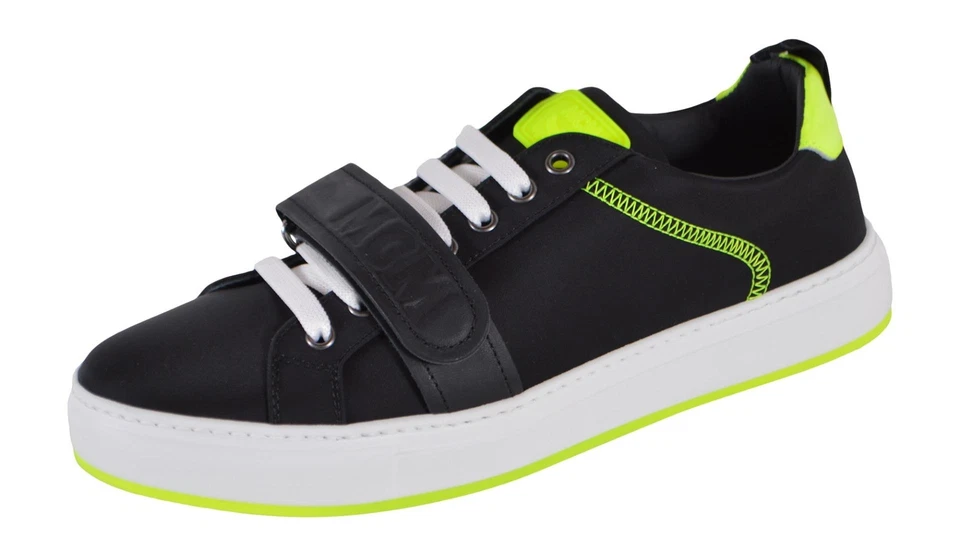 Nuevo MCM Para Mujer $475 Negro Neón Amarillo Ajustable Parte Superior Baja Tenis Zapatos 40 10 Foto 4 de 4