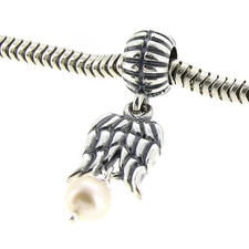Sterling Silver Angel Feather Wing Dangle White Pearl f/ European Charm Bracelet