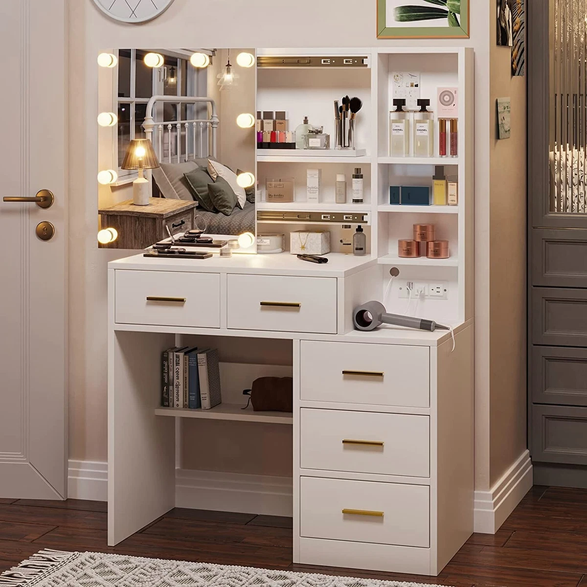 Modern 5 Drawer Dressing Table Vanity Set White Bedroom Makeup Desk Slide | eBay