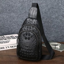 Men  s Black Cowhide Leather Chest Bag   Crocodile Grain Multifunctional