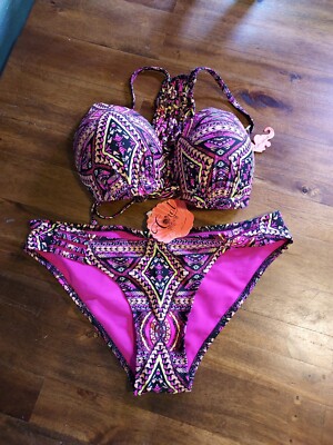 Women's NWT Coral Tropics by Apollo Swimwear 2 PC Bikini Top Sz L Bottoms Sz M 