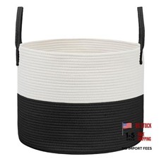 Extra Large Blanket Basket for Living Room - Woven Cotton Rope 65L White Black