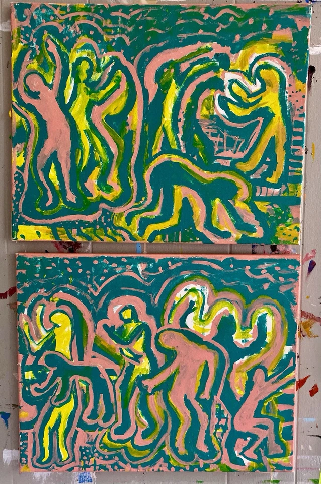 Juego de 2 pinturas de díptico PSEUDO Keith Haring Foto 2 de 4