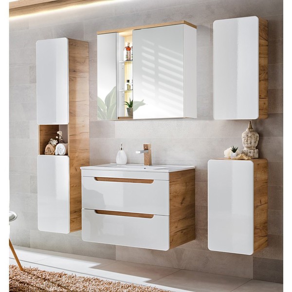 BadmöBel Set Keramik Waschtisch Mit Unterschrank Led Spiegelschrank Hochschrank-image