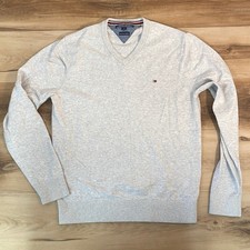 Tommy Hilfiger Mens V-Neck Sweater Light Grey Pima Cotton Cashmere Blend Medium