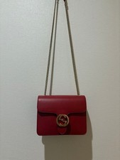 GUCCI Leather Red Shoulder Bag Flap Chain Strap Used
