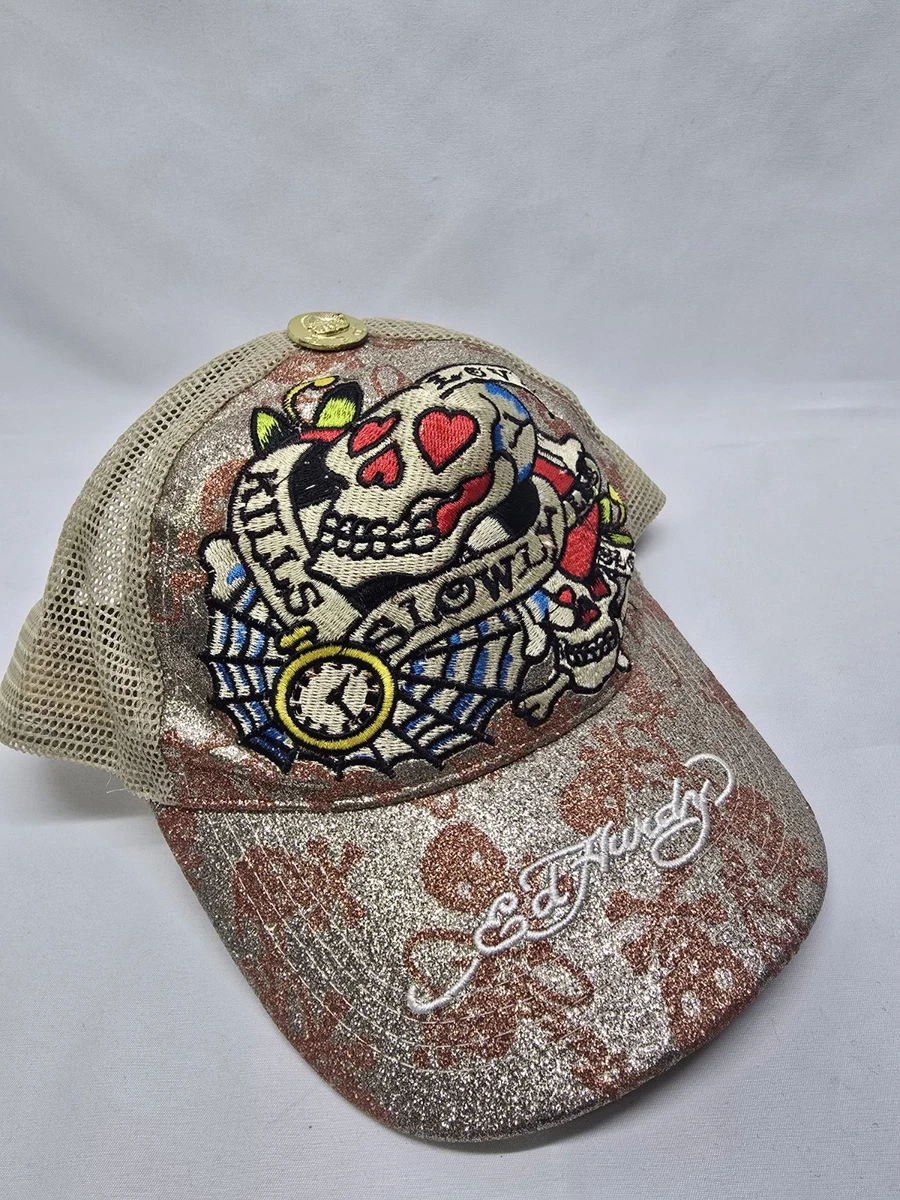 ED HARDY Snapback Trucker Hat Gold Glitter Skull Mesh Cap- Y2K