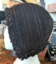 Antique Vintage Ladies Mourning Bonnet crochet Victorian black cap lined