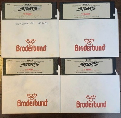 Stunts Brøderbund 1990 Vintage 5.25'' Floppy Disk Set 4-Disk IBM Tandy Retro