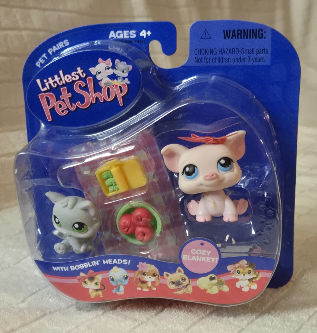 2005 LPS Littlest Pet Shop PIG &num;87 & Gray KITTEN Kitty Cat &num;88 Pet Pairs Picnic
