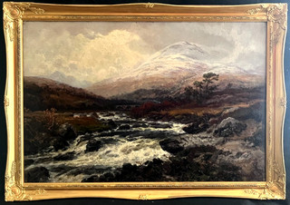 EDWIN PETTITT 1840 1912 SNOWCAPPED HIGHLAND RIVER LANDSCAPE ANTIQUE OIL PAINTING