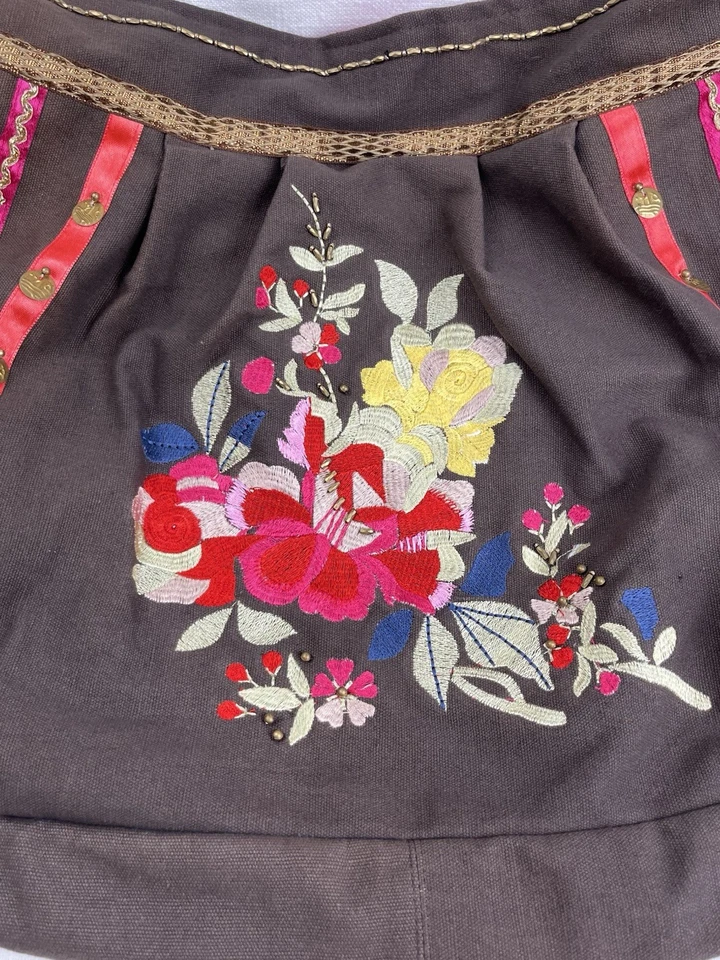 Bolso Scully C-13 Cantina Grande Marrón Lona Boho Festival Bordado Foto 3 de 4