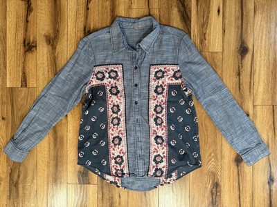 Free People Born Free Denim Shirt Bandana Floral Print Button Up Western Small