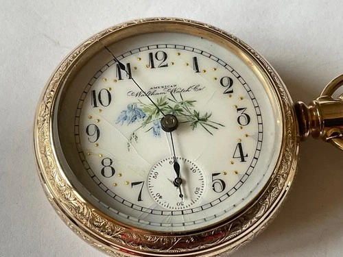 Multicolor dial Waltham 18s OF YGF 17Jadj fancy ni damaskeened movt pocket watch